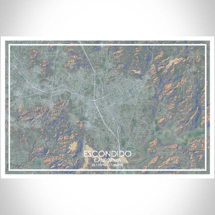 Escondido California Map Print Landscape Orientation in Afternoon Style With Shaded Background