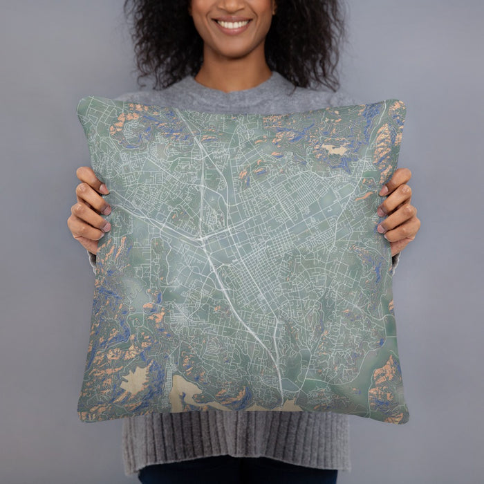 Person holding 18x18 Custom Escondido California Map Throw Pillow in Afternoon