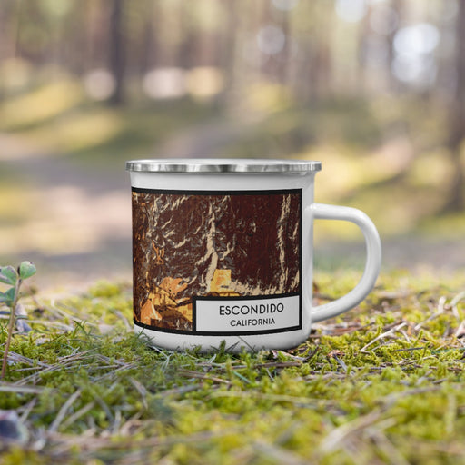 Right View Custom Escondido California Map Enamel Mug in Ember on Grass With Trees in Background
