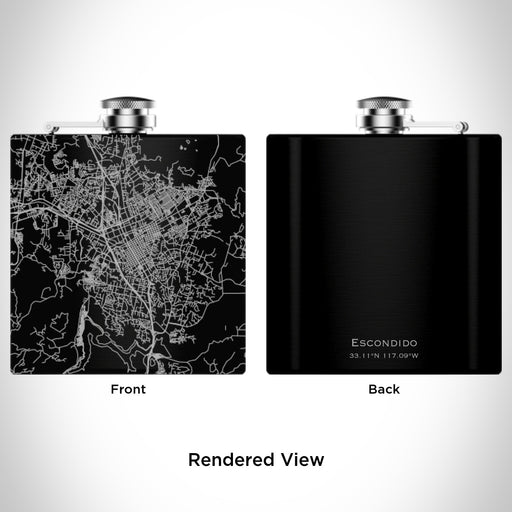 Rendered View of Escondido California Map Engraving on 6oz Stainless Steel Flask in Black