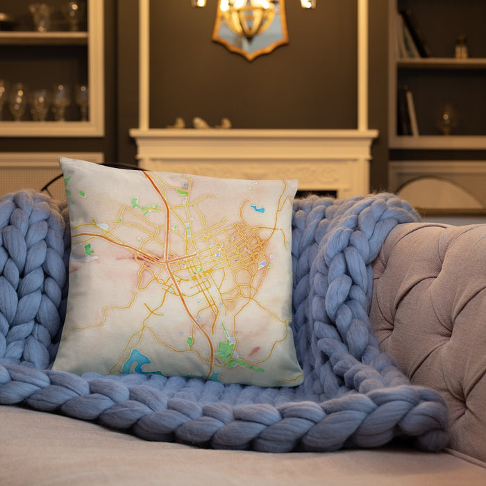 Custom Escondido California Map Throw Pillow in Watercolor on Cream Colored Couch