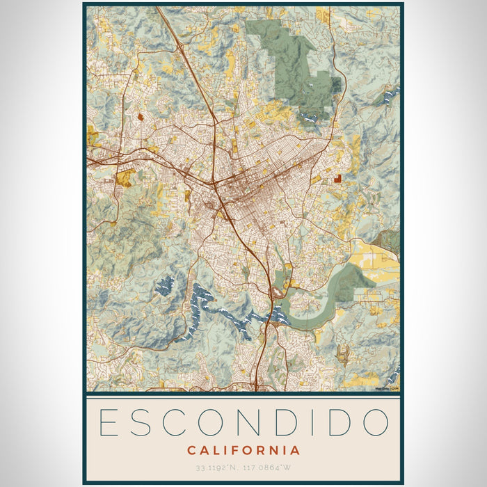 Escondido California Map Print Portrait Orientation in Woodblock Style With Shaded Background