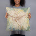 Person holding 18x18 Custom Escondido California Map Throw Pillow in Woodblock