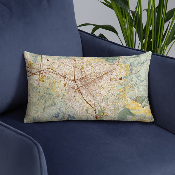 Custom Escondido California Map Throw Pillow in Woodblock on Blue Colored Chair