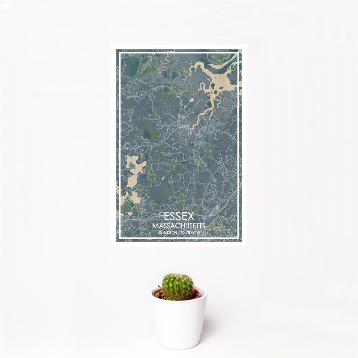 12x18 Essex Massachusetts Map Print Portrait Orientation in Afternoon Style With Small Cactus Plant in White Planter
