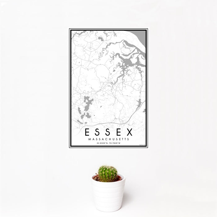 12x18 Essex Massachusetts Map Print Portrait Orientation in Classic Style With Small Cactus Plant in White Planter