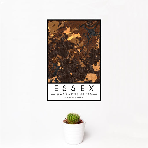 12x18 Essex Massachusetts Map Print Portrait Orientation in Ember Style With Small Cactus Plant in White Planter