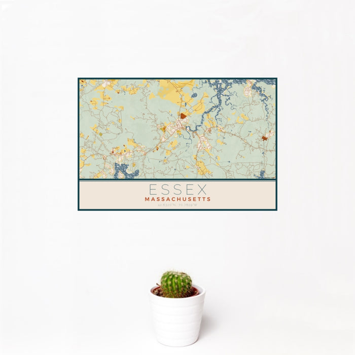 12x18 Essex Massachusetts Map Print Landscape Orientation in Woodblock Style With Small Cactus Plant in White Planter