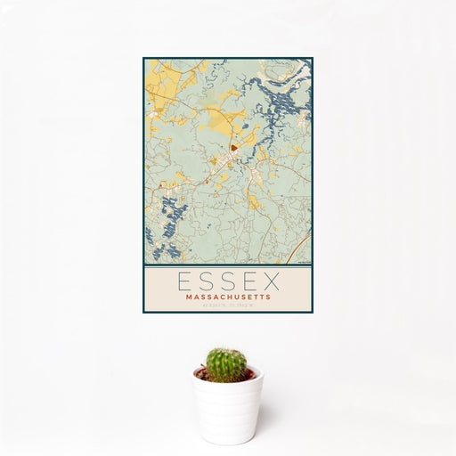 12x18 Essex Massachusetts Map Print Portrait Orientation in Woodblock Style With Small Cactus Plant in White Planter