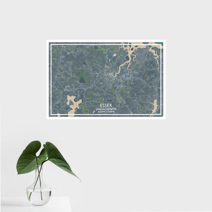 16x24 Essex Massachusetts Map Print Landscape Orientation in Afternoon Style With Tropical Plant Leaves in Water