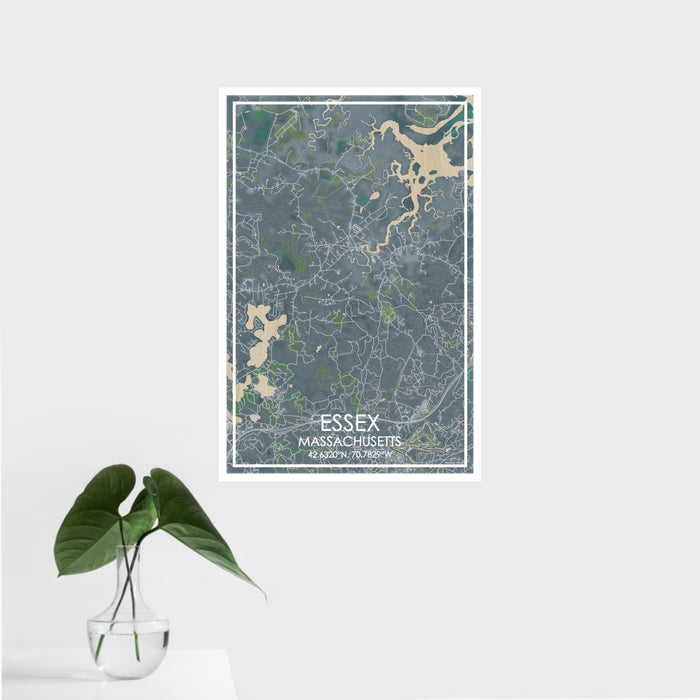 16x24 Essex Massachusetts Map Print Portrait Orientation in Afternoon Style With Tropical Plant Leaves in Water