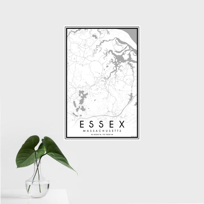 16x24 Essex Massachusetts Map Print Portrait Orientation in Classic Style With Tropical Plant Leaves in Water