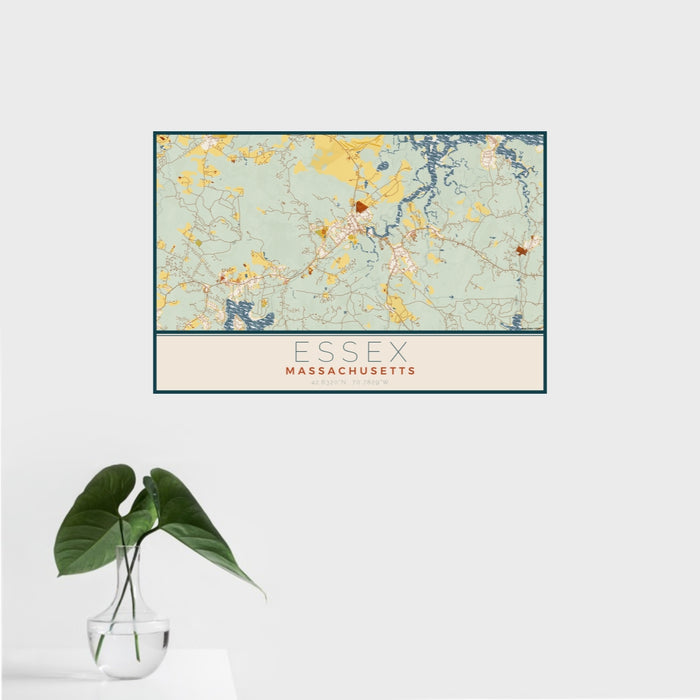 16x24 Essex Massachusetts Map Print Landscape Orientation in Woodblock Style With Tropical Plant Leaves in Water