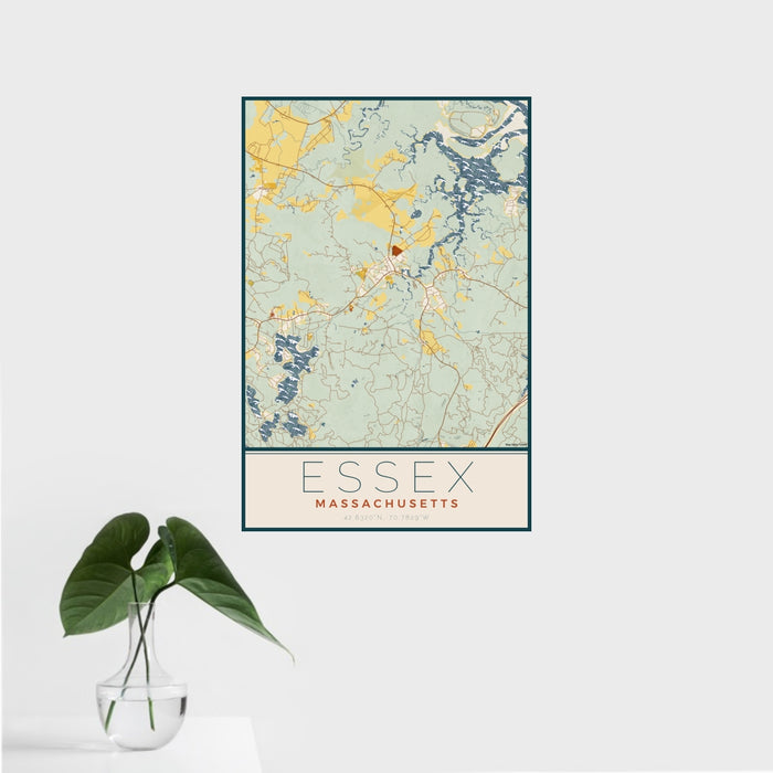 16x24 Essex Massachusetts Map Print Portrait Orientation in Woodblock Style With Tropical Plant Leaves in Water