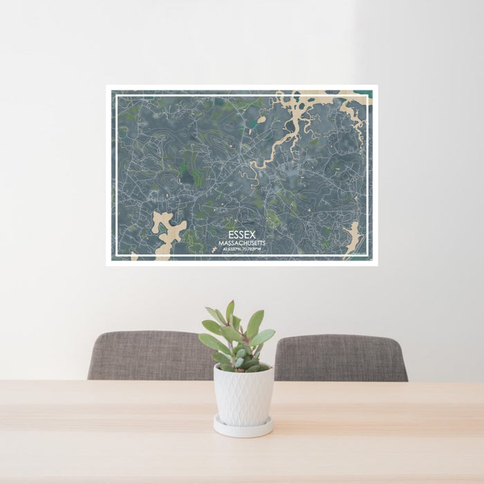 24x36 Essex Massachusetts Map Print Lanscape Orientation in Afternoon Style Behind 2 Chairs Table and Potted Plant