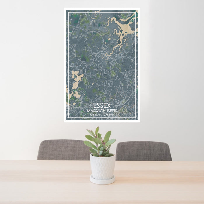 24x36 Essex Massachusetts Map Print Portrait Orientation in Afternoon Style Behind 2 Chairs Table and Potted Plant
