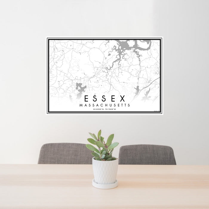 24x36 Essex Massachusetts Map Print Lanscape Orientation in Classic Style Behind 2 Chairs Table and Potted Plant