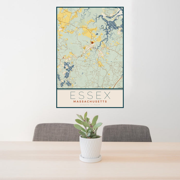 24x36 Essex Massachusetts Map Print Portrait Orientation in Woodblock Style Behind 2 Chairs Table and Potted Plant