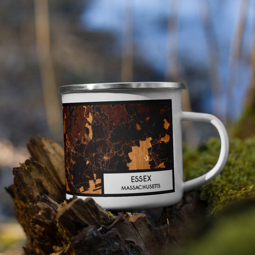 Right View Custom Essex Massachusetts Map Enamel Mug in Ember on Grass With Trees in Background