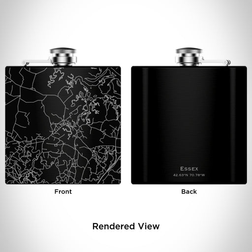 Rendered View of Essex Massachusetts Map Engraving on 6oz Stainless Steel Flask in Black