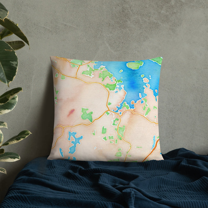 Custom Essex Massachusetts Map Throw Pillow in Watercolor on Bedding Against Wall