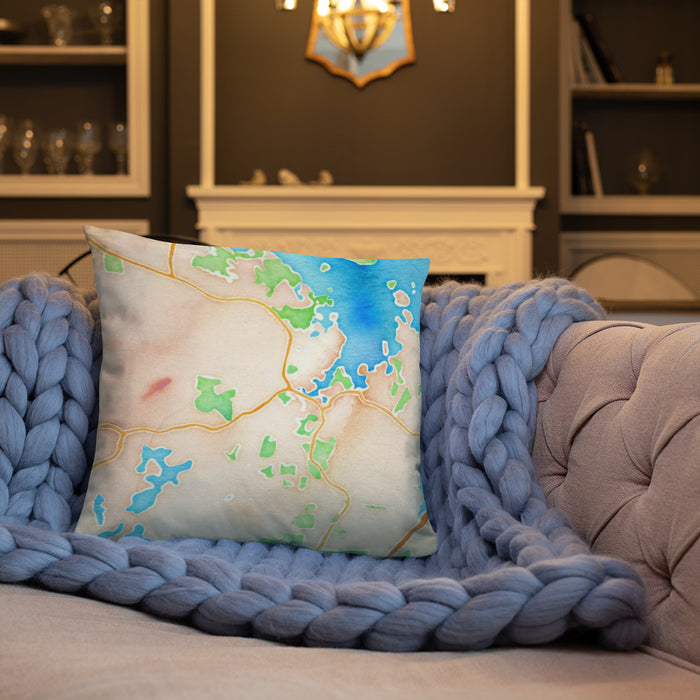 Custom Essex Massachusetts Map Throw Pillow in Watercolor on Cream Colored Couch