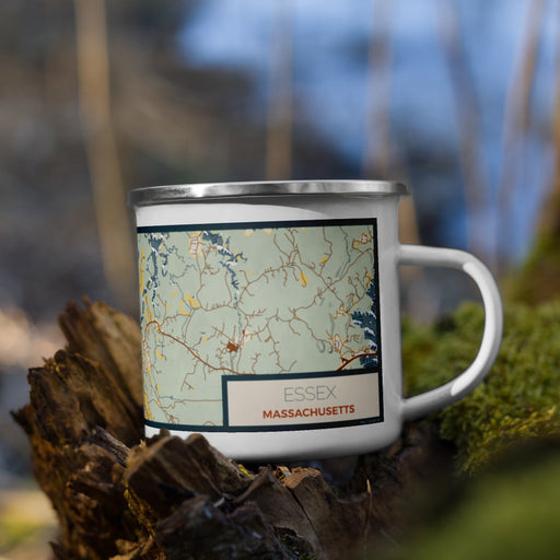 Right View Custom Essex Massachusetts Map Enamel Mug in Woodblock on Grass With Trees in Background