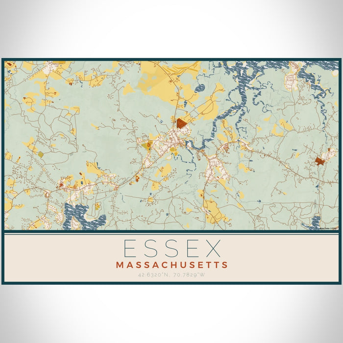 Essex Massachusetts Map Print Landscape Orientation in Woodblock Style With Shaded Background