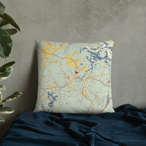 Custom Essex Massachusetts Map Throw Pillow in Woodblock on Bedding Against Wall