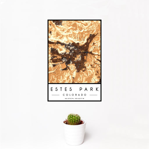 12x18 Estes Park Colorado Map Print Portrait Orientation in Ember Style With Small Cactus Plant in White Planter
