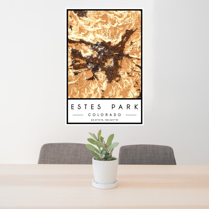 24x36 Estes Park Colorado Map Print Portrait Orientation in Ember Style Behind 2 Chairs Table and Potted Plant