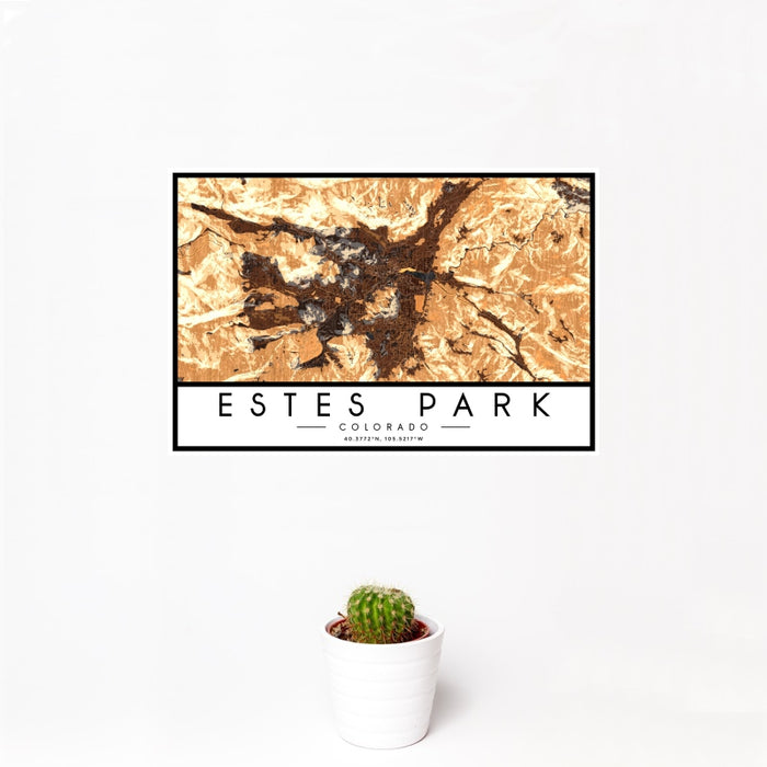 12x18 Estes Park Colorado Map Print Landscape Orientation in Ember Style With Small Cactus Plant in White Planter