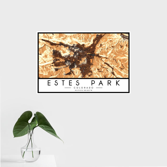 16x24 Estes Park Colorado Map Print Landscape Orientation in Ember Style With Tropical Plant Leaves in Water