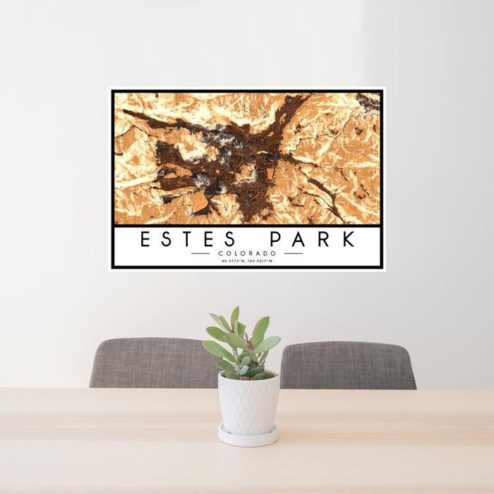 24x36 Estes Park Colorado Map Print Landscape Orientation in Ember Style Behind 2 Chairs Table and Potted Plant