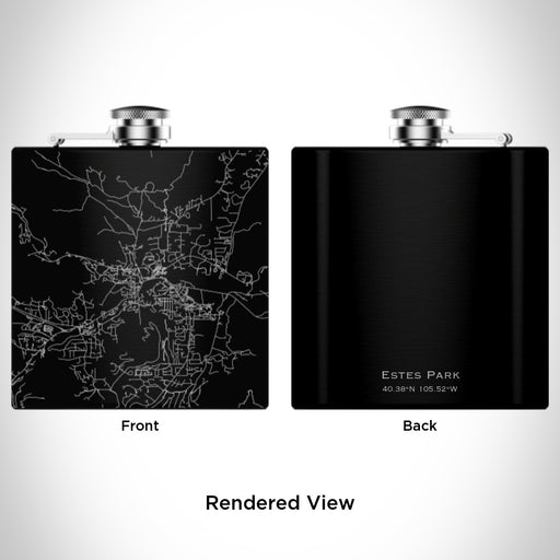 Rendered View of Estes Park Colorado Map Engraving on 6oz Stainless Steel Flask in Black