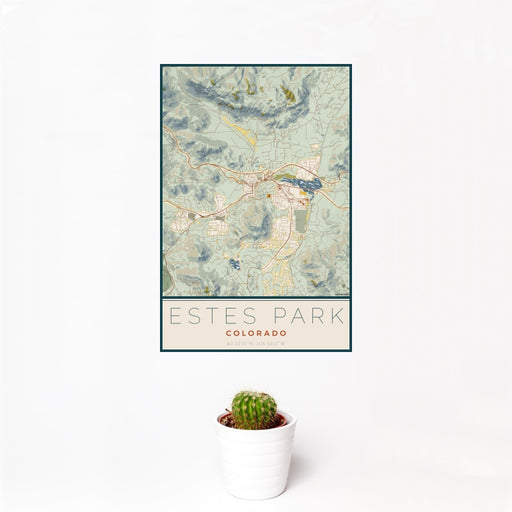 12x18 Estes Park Colorado Map Print Portrait Orientation in Woodblock Style With Small Cactus Plant in White Planter