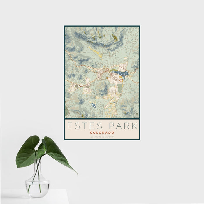 16x24 Estes Park Colorado Map Print Portrait Orientation in Woodblock Style With Tropical Plant Leaves in Water