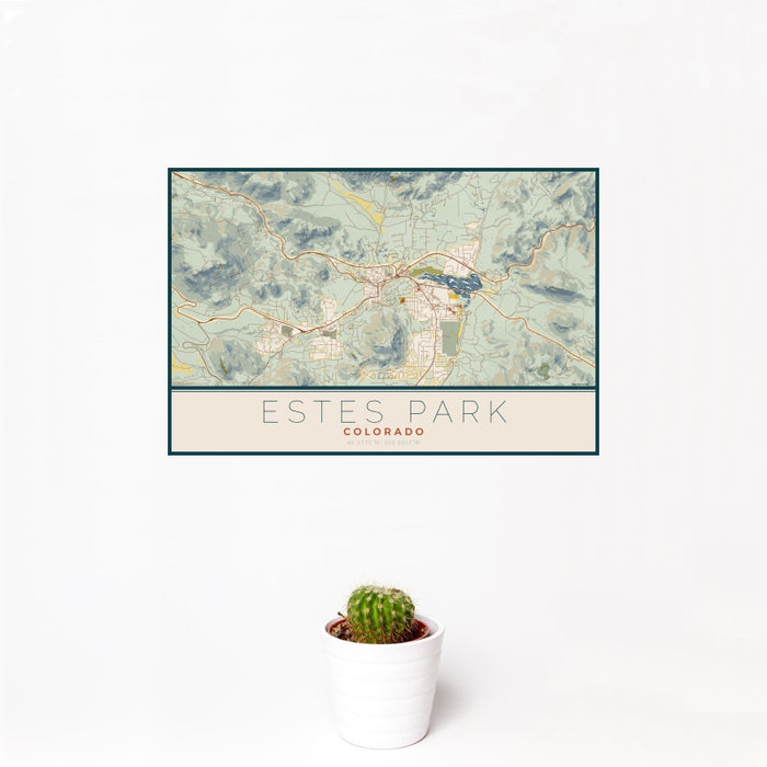 12x18 Estes Park Colorado Map Print Landscape Orientation in Woodblock Style With Small Cactus Plant in White Planter