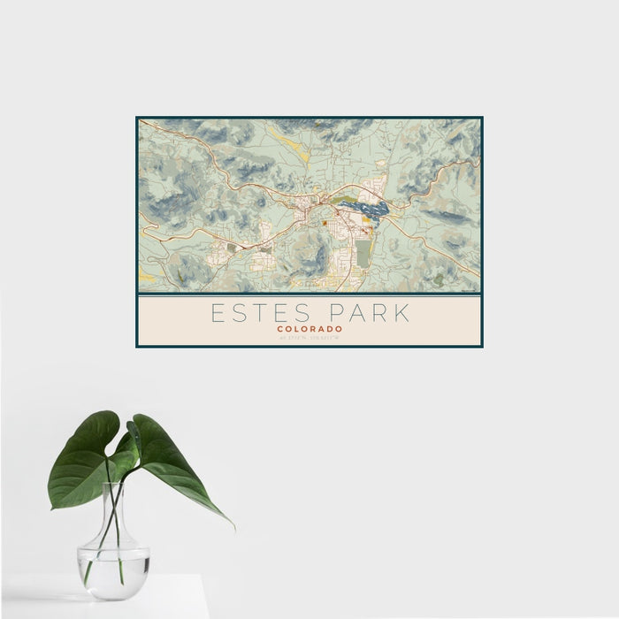 16x24 Estes Park Colorado Map Print Landscape Orientation in Woodblock Style With Tropical Plant Leaves in Water