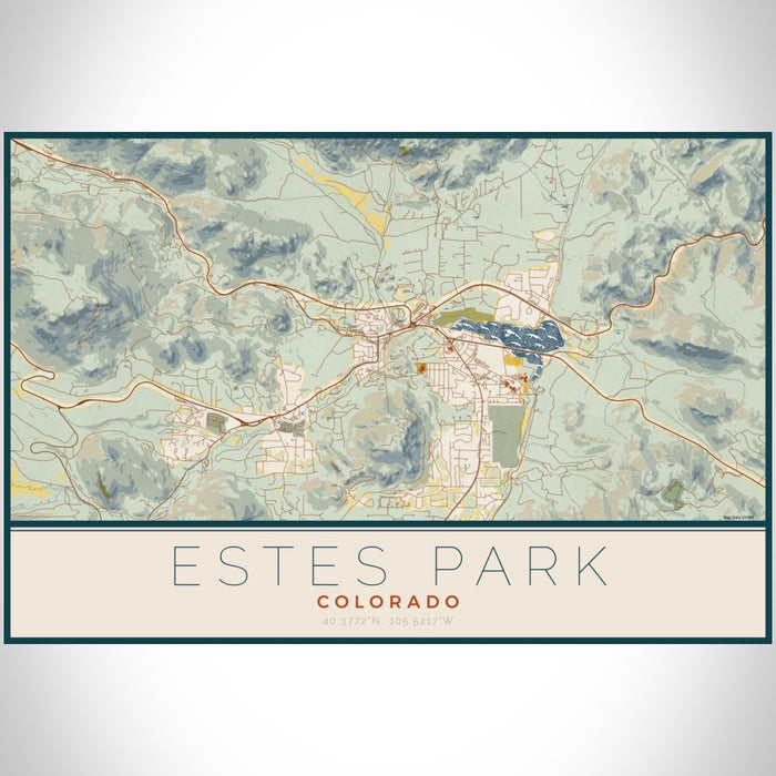Estes Park Colorado Map Print Landscape Orientation in Woodblock Style With Shaded Background