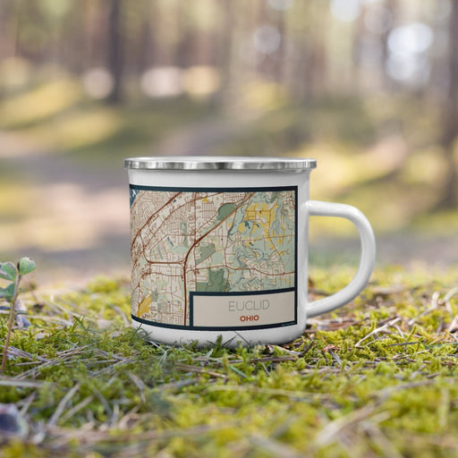 Right View Custom Euclid Ohio Map Enamel Mug in Woodblock on Grass With Trees in Background