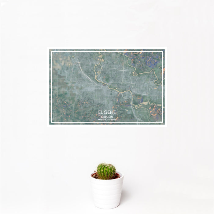 12x18 Eugene Oregon Map Print Landscape Orientation in Afternoon Style With Small Cactus Plant in White Planter