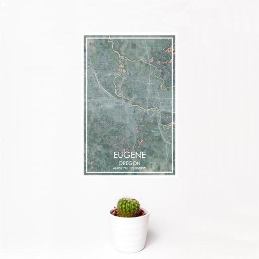 12x18 Eugene Oregon Map Print Portrait Orientation in Afternoon Style With Small Cactus Plant in White Planter