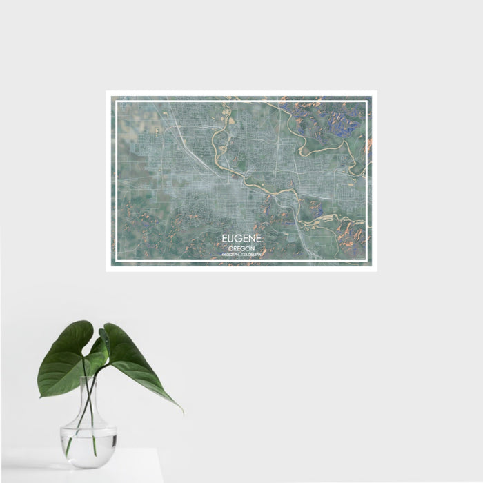 16x24 Eugene Oregon Map Print Landscape Orientation in Afternoon Style With Tropical Plant Leaves in Water