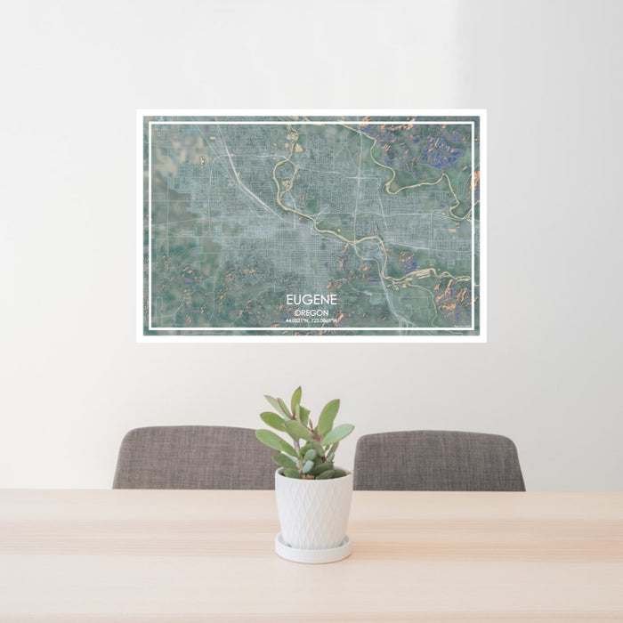 24x36 Eugene Oregon Map Print Lanscape Orientation in Afternoon Style Behind 2 Chairs Table and Potted Plant