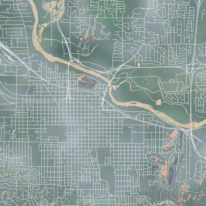 Eugene Oregon Map Print in Afternoon Style Zoomed In Close Up Showing Details
