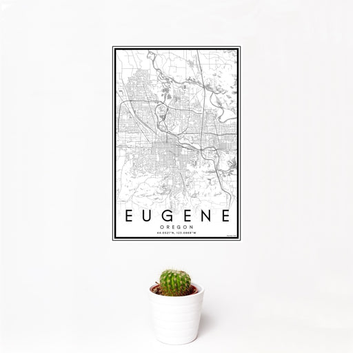12x18 Eugene Oregon Map Print Portrait Orientation in Classic Style With Small Cactus Plant in White Planter