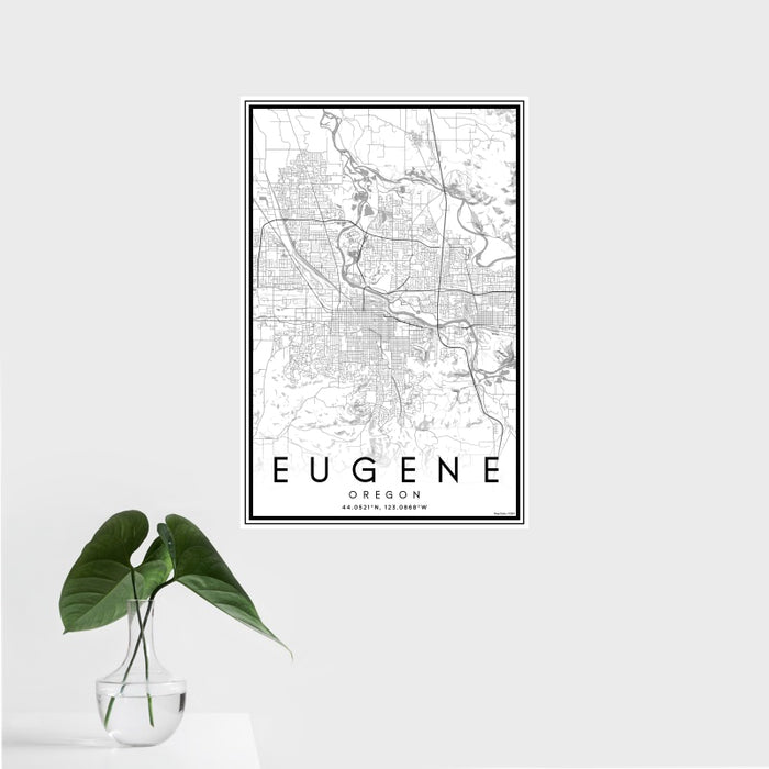 16x24 Eugene Oregon Map Print Portrait Orientation in Classic Style With Tropical Plant Leaves in Water