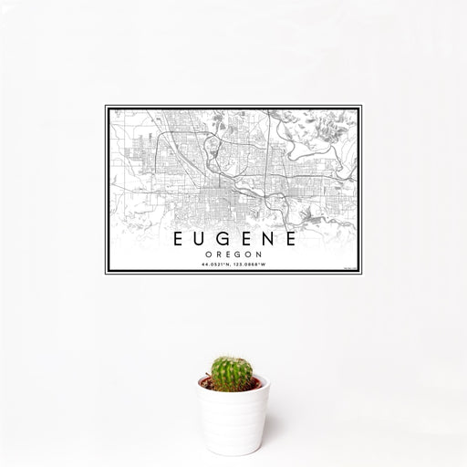 12x18 Eugene Oregon Map Print Landscape Orientation in Classic Style With Small Cactus Plant in White Planter