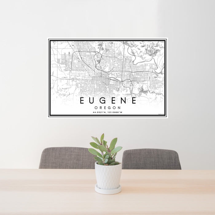 24x36 Eugene Oregon Map Print Landscape Orientation in Classic Style Behind 2 Chairs Table and Potted Plant